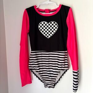 Art Class Retro Pink/Blk Checked Flag Hot Pink One Piece Swimsuit Girl's 7/8 #M
